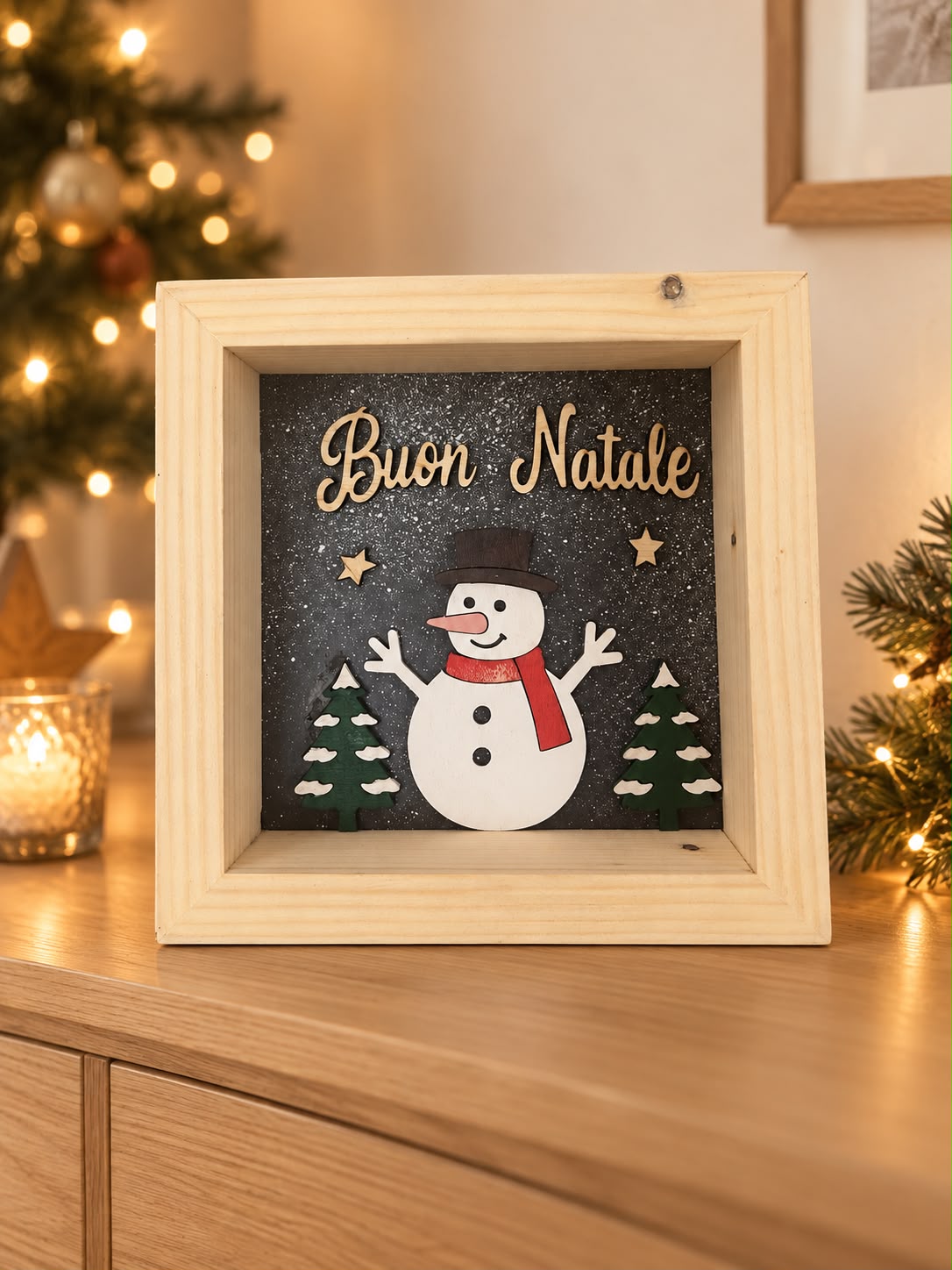 Quadro natalizio con pupazzo di neve