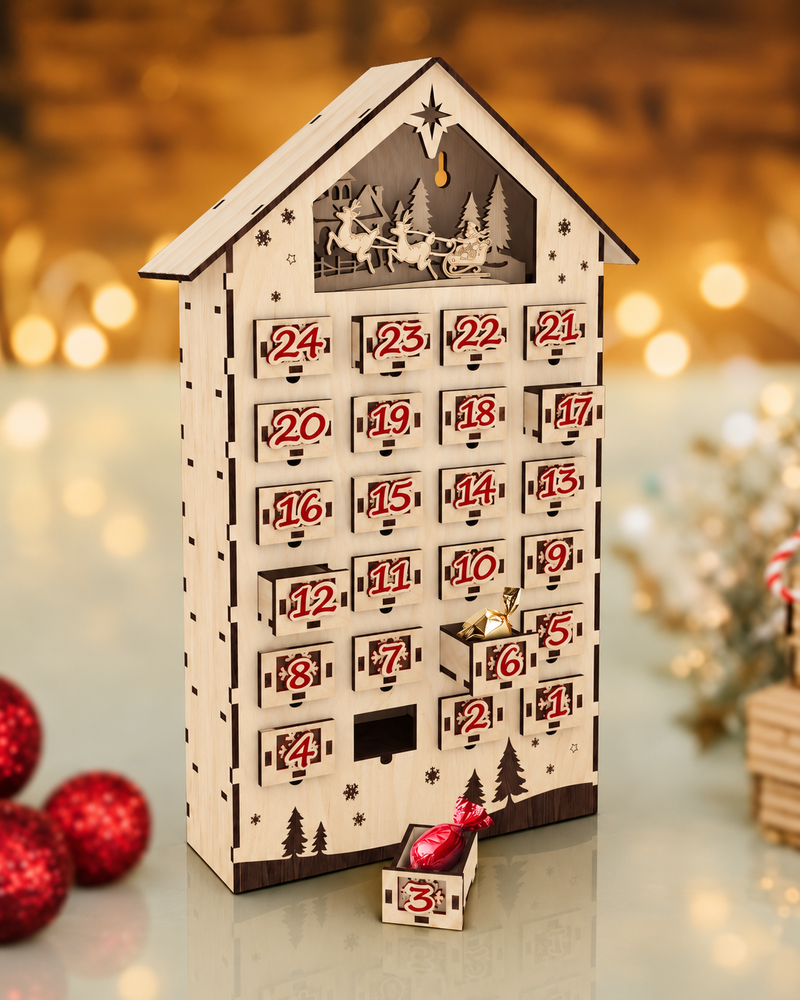Calendario dell’avvento in legno con 24 cassettini