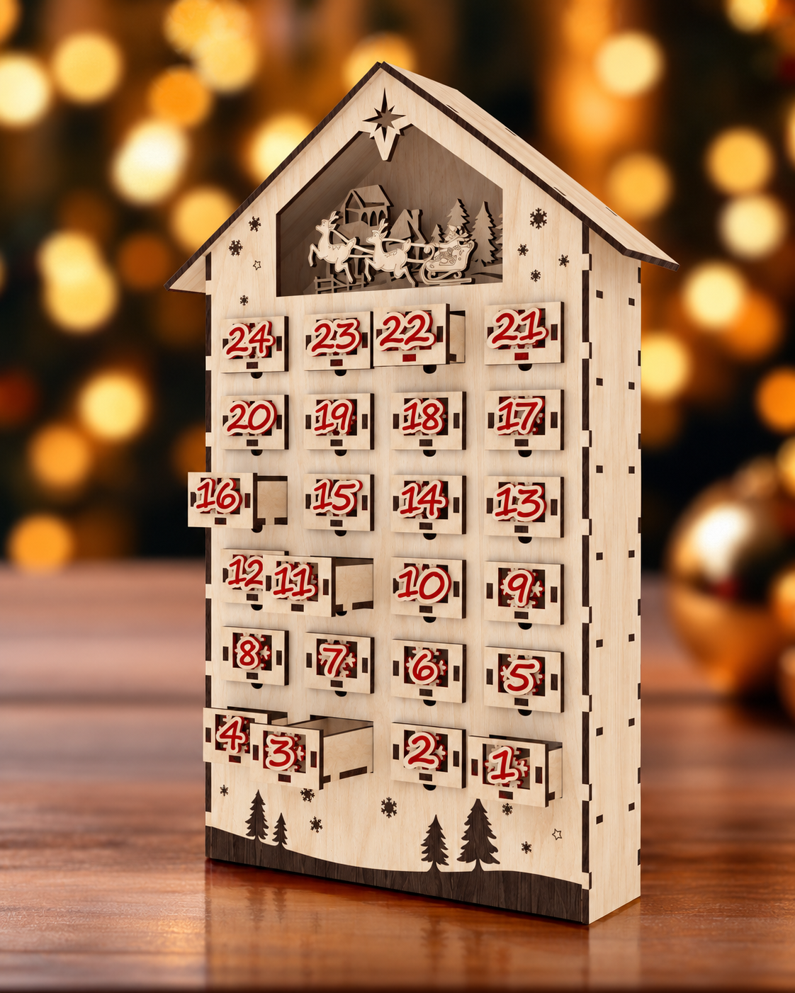 Calendario dell’avvento in legno con 24 cassettini