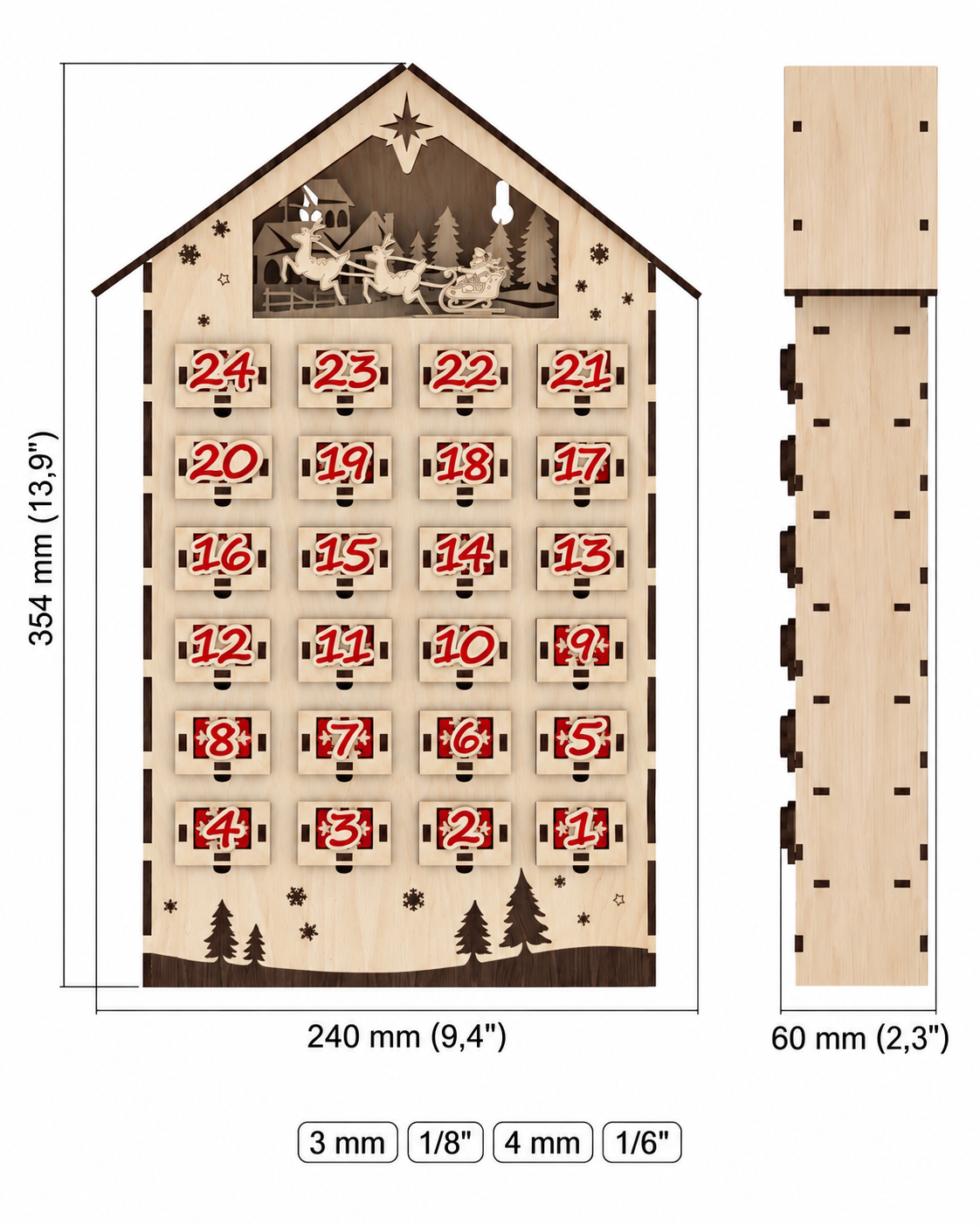Calendario dell’avvento in legno con 24 cassettini