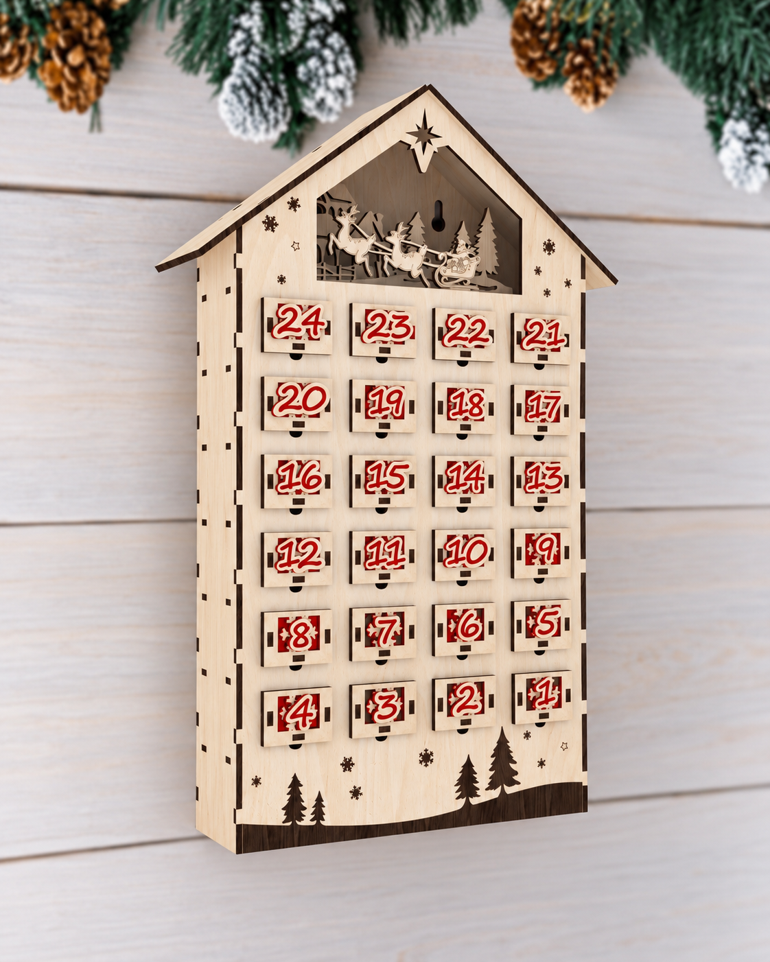 Calendario dell’avvento in legno con 24 cassettini