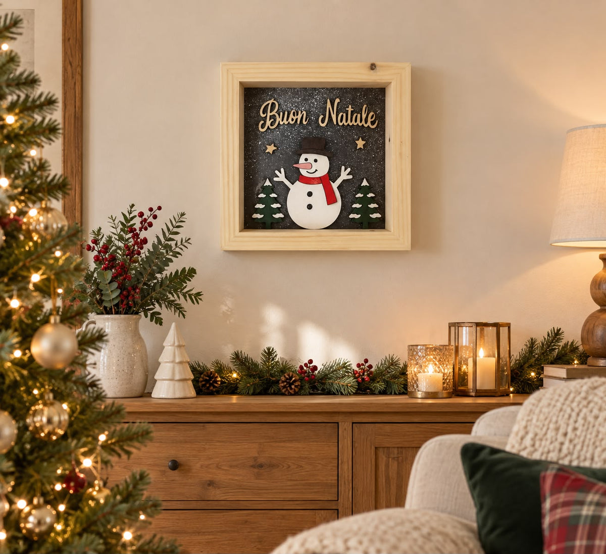 Quadro natalizio con pupazzo di neve